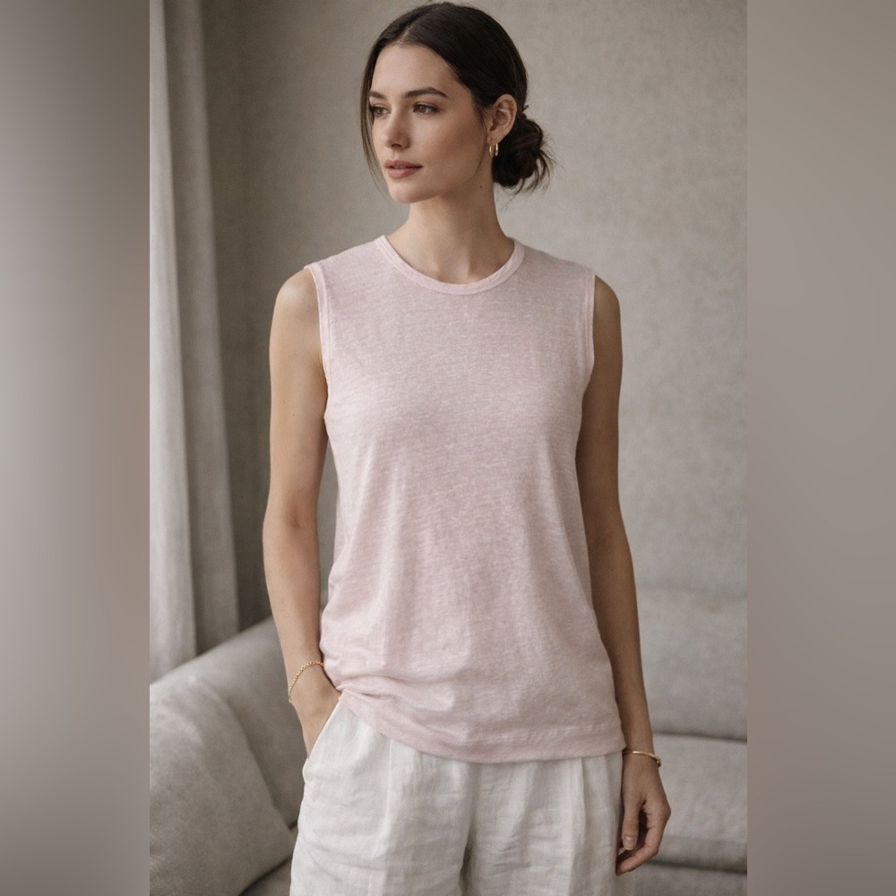 LOST & FOUND Womens Pink Linen Sleeveless Tee Sz L Slub Knit Luxury Pullover Top